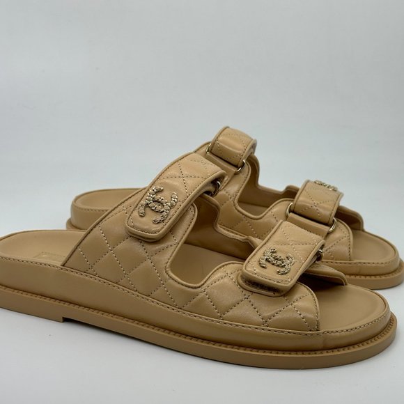 CHANEL 24P 2024 Quilted Leather CC Logo Flat Slide Dad Sandals Shoes Beige - Picture 12 of 16